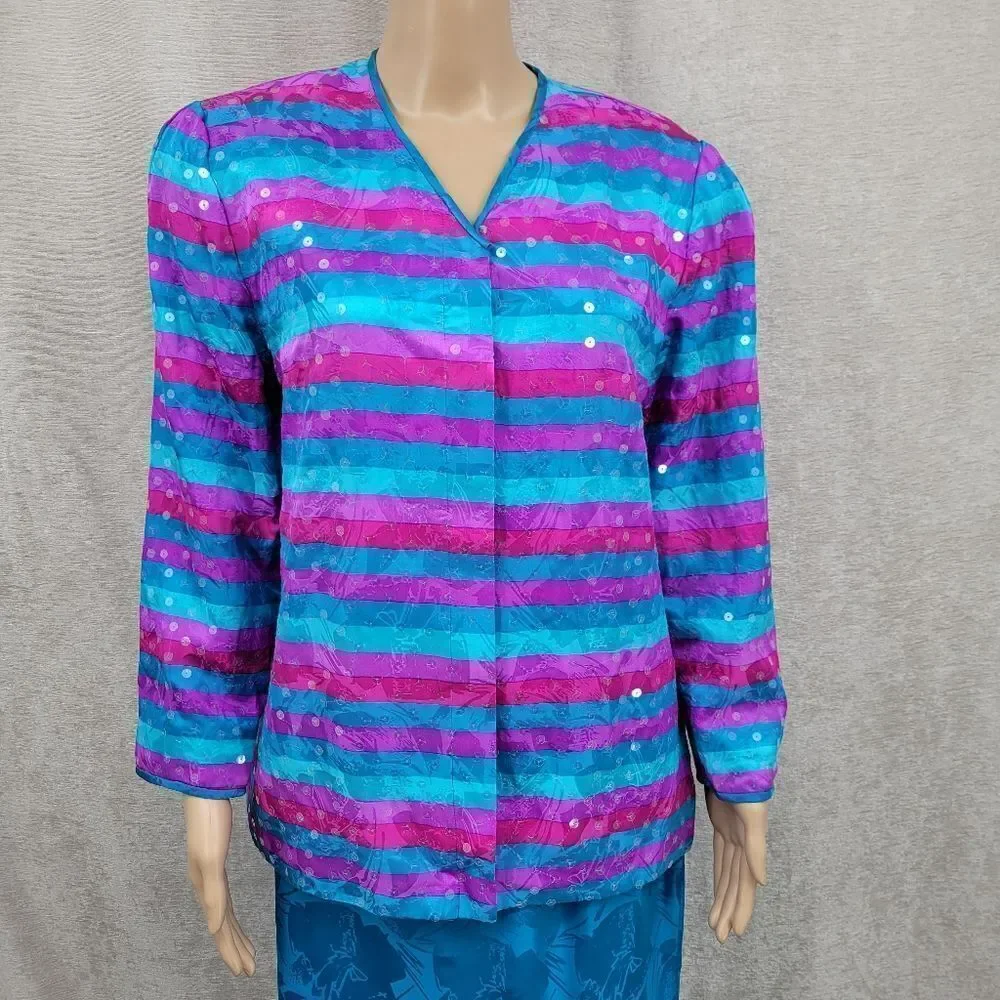 Anne Crimmins Vintage Matching Silk Skirt Set Blue Purple Fuschia Sequin Blazer